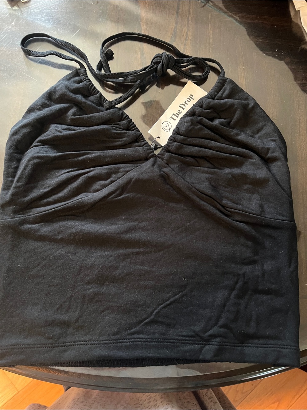 The Drop Women's Black Ruched Halter Crop Top